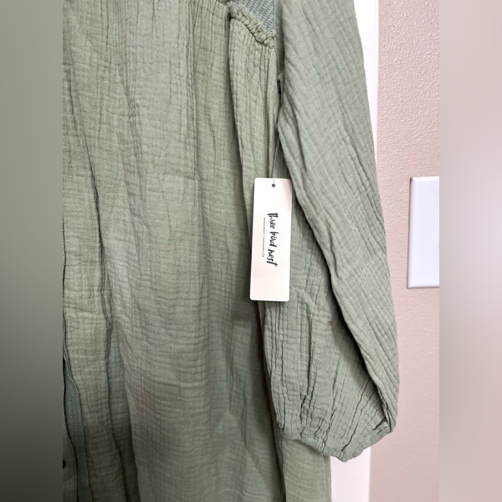 Three Bird Nest Long Sleeve Sage Green Button-Up Dress - Picture 4 of 9